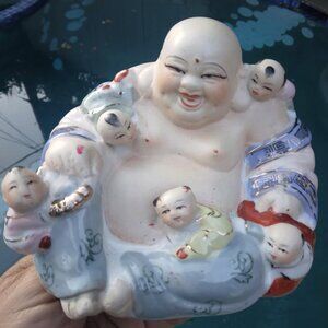 Happy Laughing Buddha with 5 Adorable Children Porcelain Hand Painted Sculpture